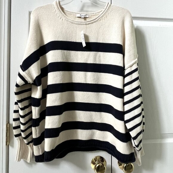 NWT LADIES SIZE L MADEWELL BLACK CREAM STRIPS THICK CREWNECK LONG SLEEVE SWEATER - Picture 3 of 5